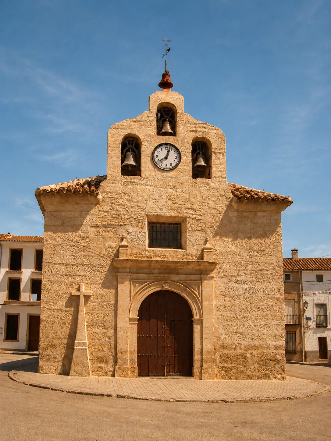 Fachada de piedra de una iglesia con campanas y reloj