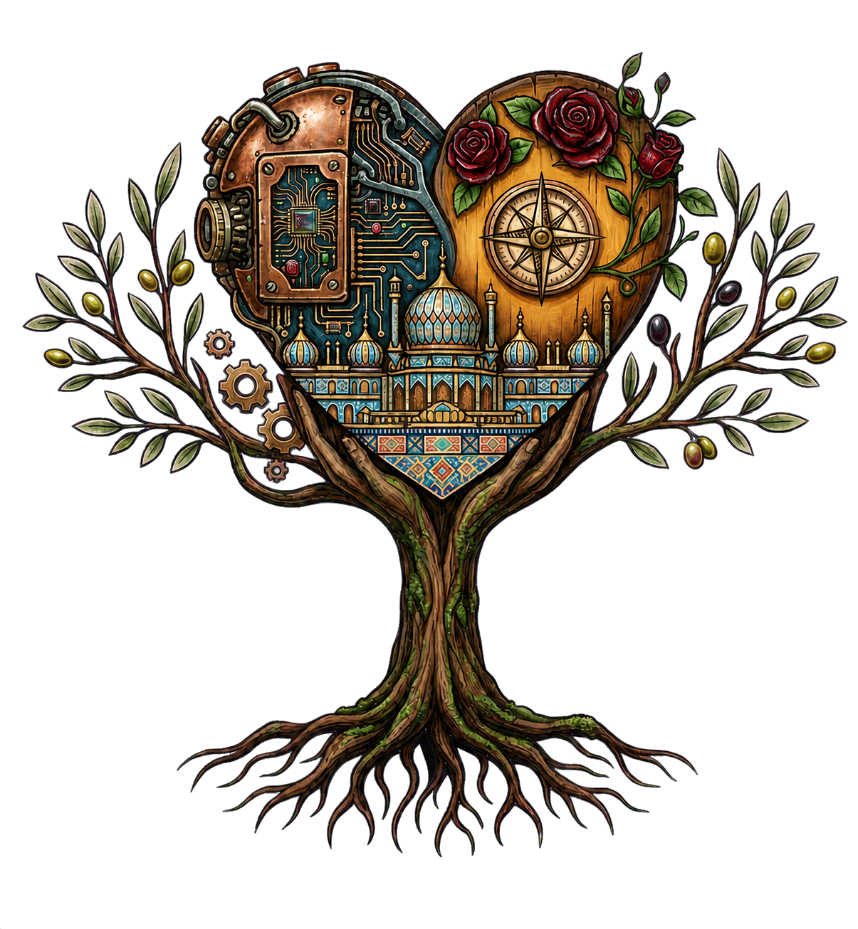 Emblema de la boda de Hugo y Celia: un corazón formado por engranajes, rosas y una brújula sobre un árbol de la vida